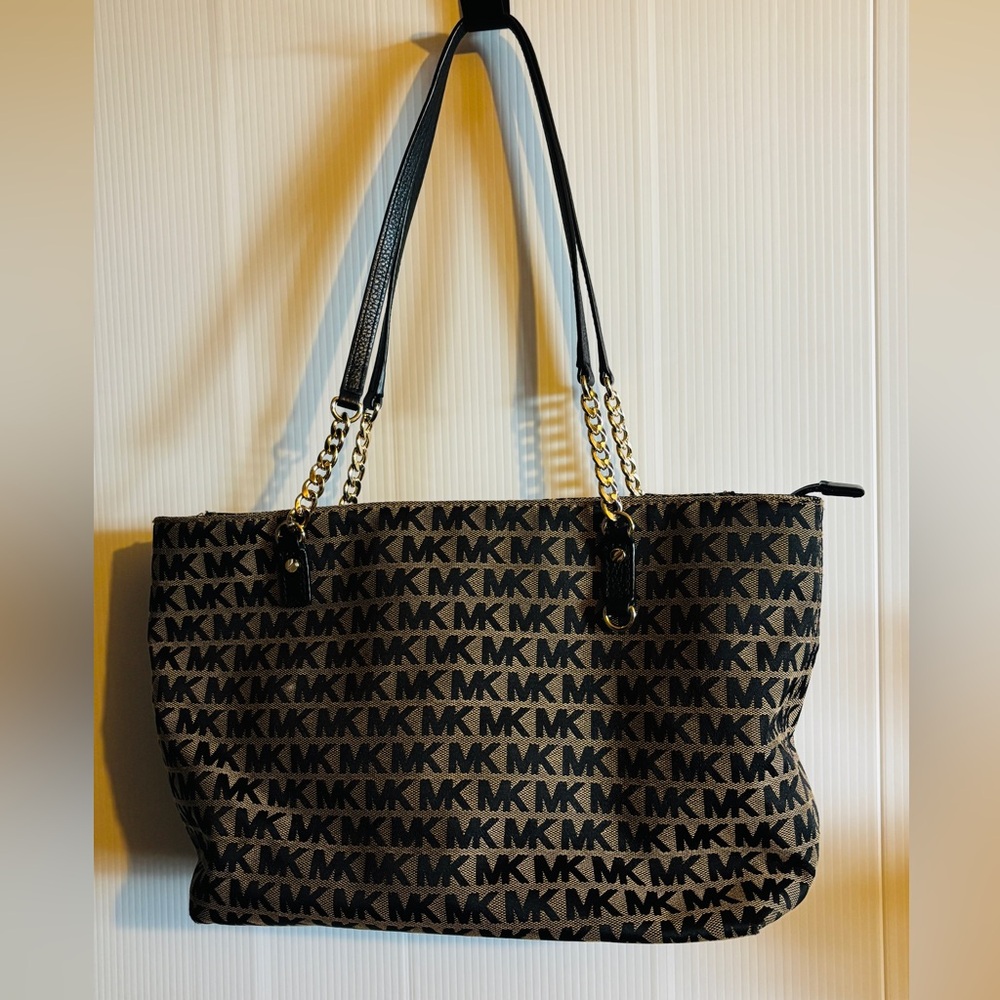 Michael Kors Black & Beige MK Logo Chain-Accent Tote